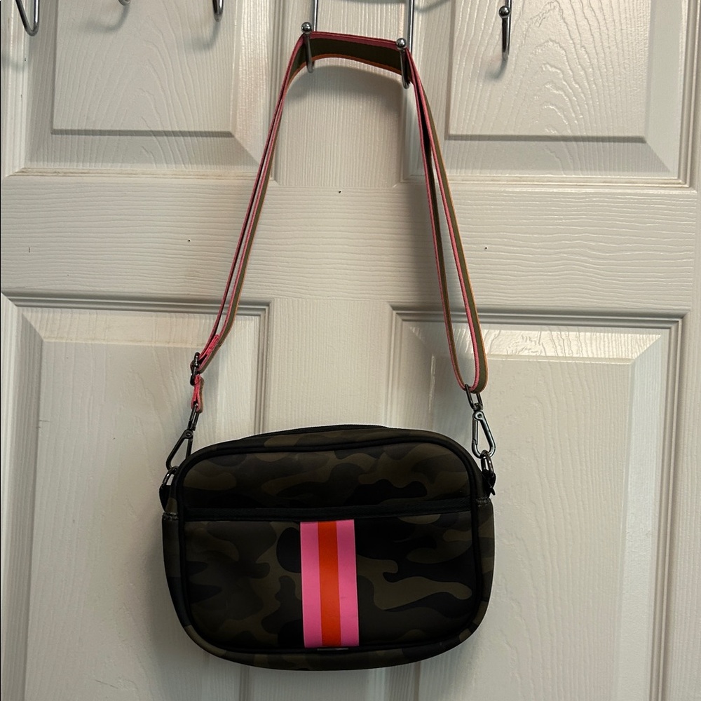 HAUTE SHORE Camouflage Crossbody Bag with Pink and Orange Stripes